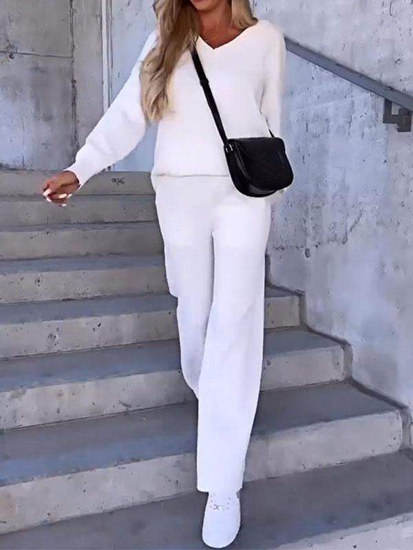 Women's Solid Color V-neck Top and Pants Two-piece Set