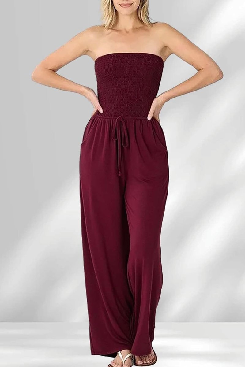 Women's Off-the-shoulder Solid Color Pleated Jumpsuit