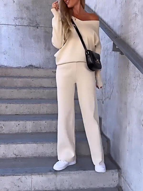 Women's Solid Color V-neck Top and Pants Two-piece Set