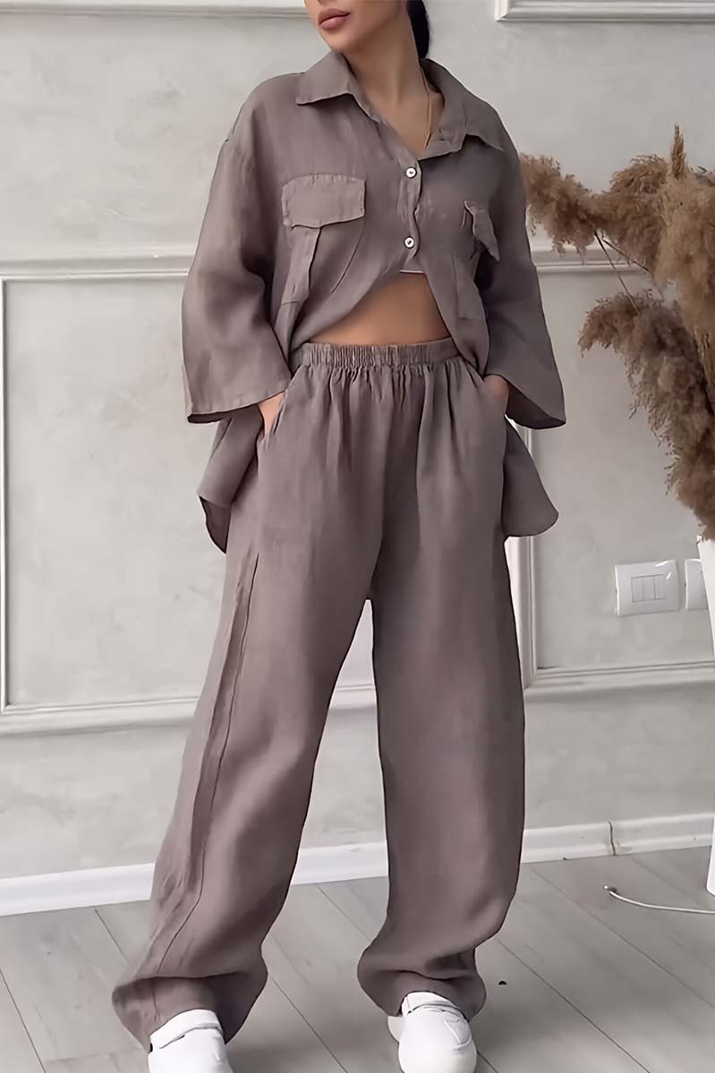 Women's casual large pocket lapel cotton and linen two-piece set