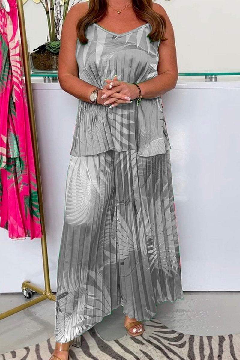 Women's Palm Print Pleated Pants and Top Set