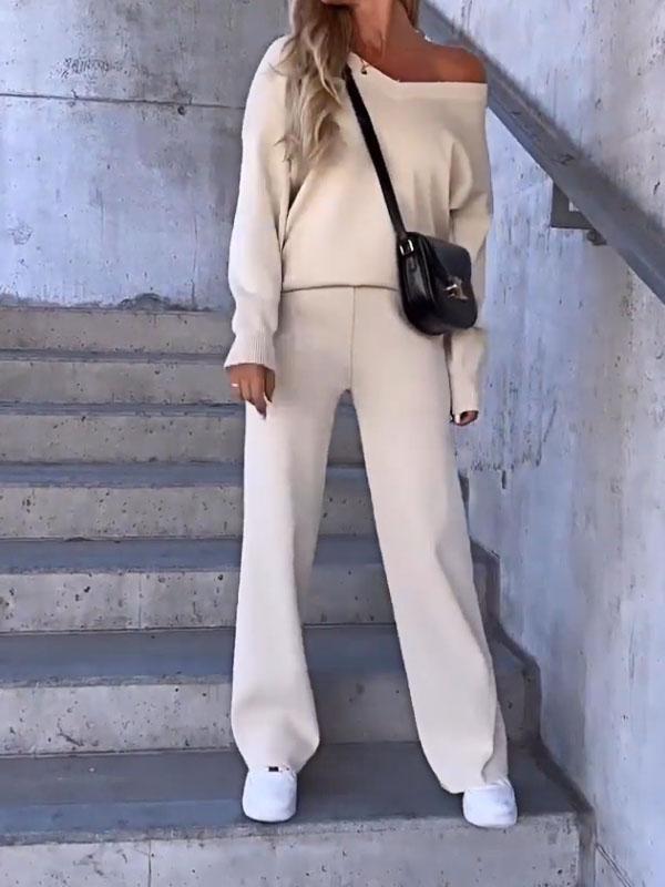 Women's Solid Color V-neck Top and Pants Two-piece Set
