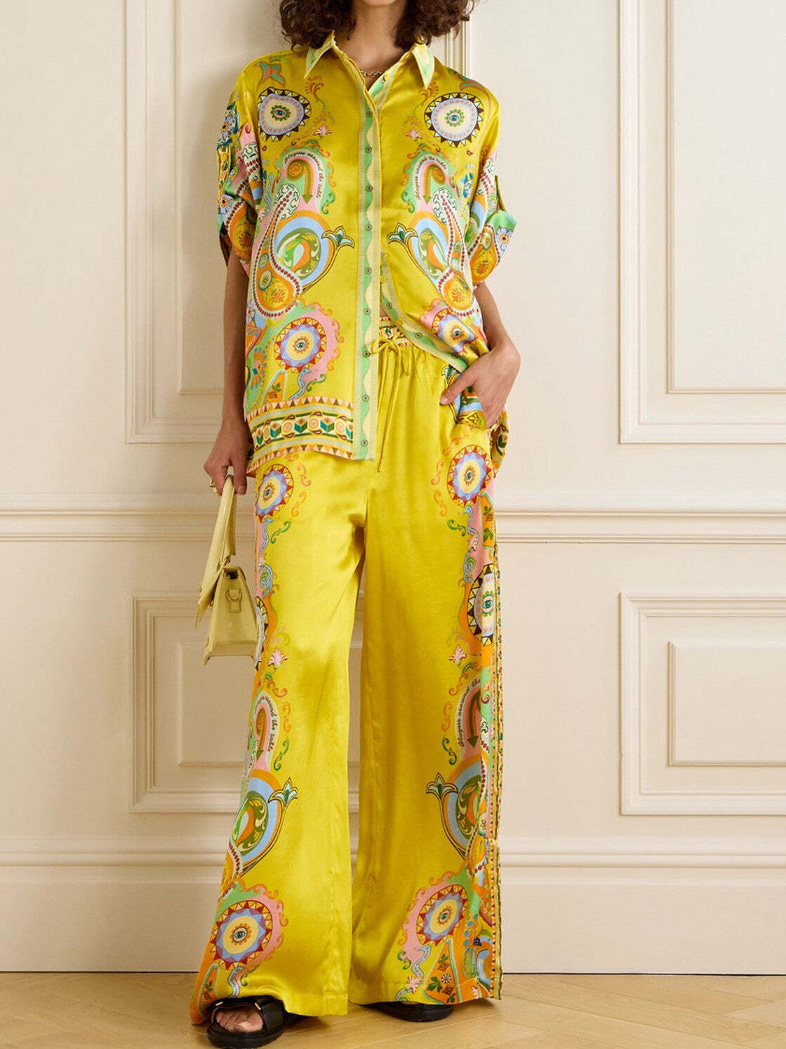 Women's Resort Printed Satin Short Sleeve Pants Set