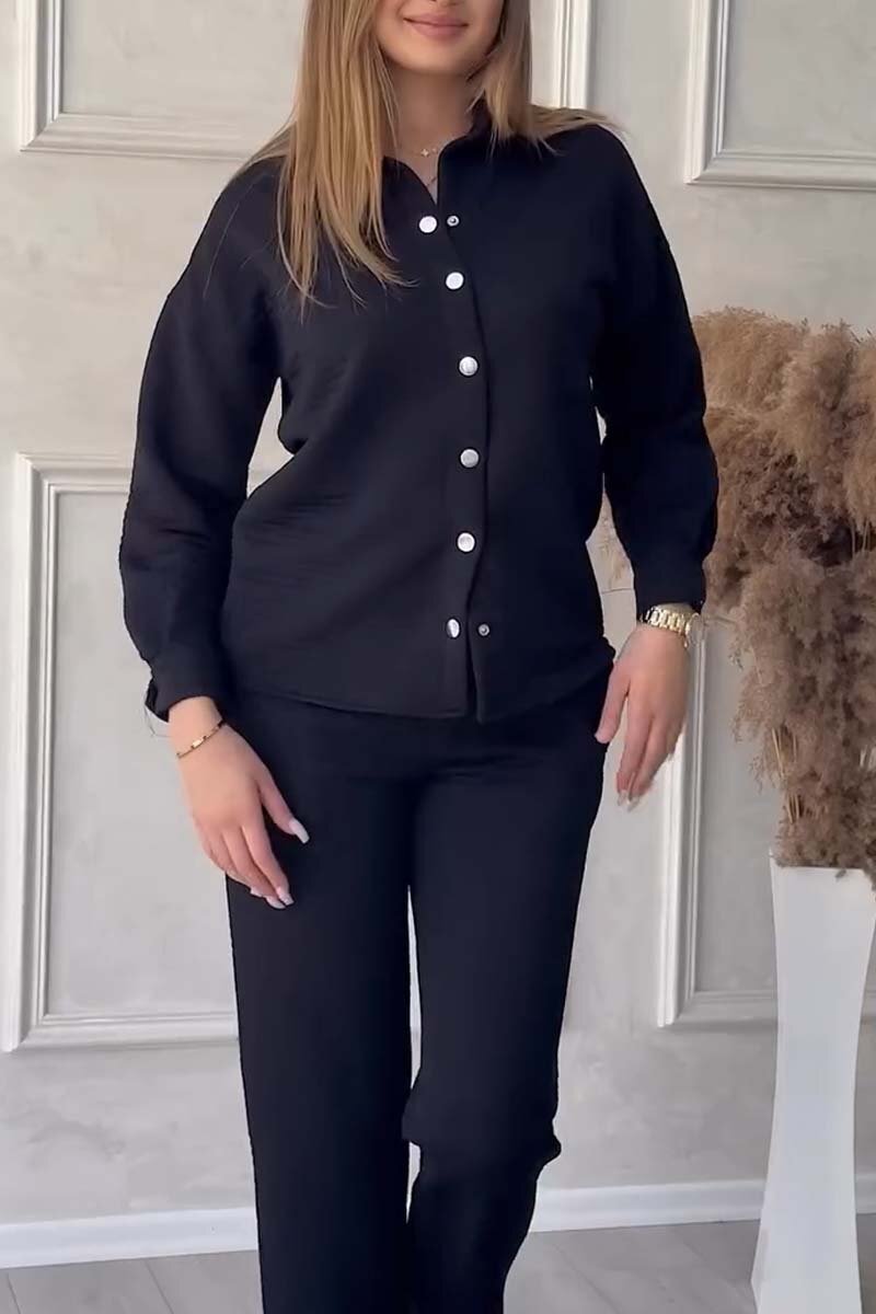Women's Casual Solid Color Waffle Shirt Pants Suit