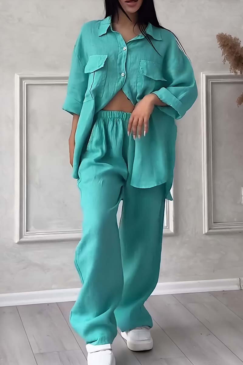Women's casual large pocket lapel cotton and linen two-piece set