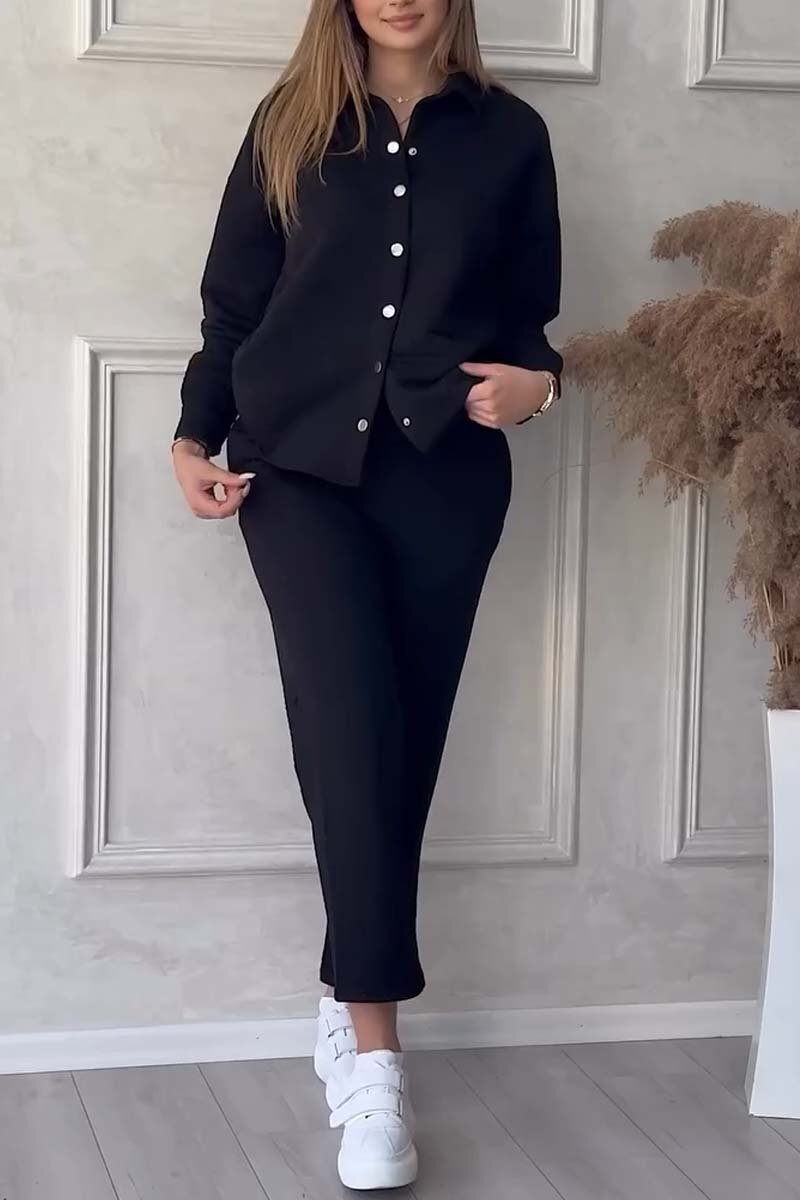 Women's Casual Solid Color Waffle Shirt Pants Suit