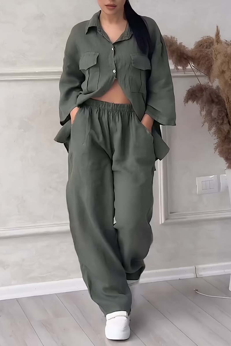 Women's casual large pocket lapel cotton and linen two-piece set