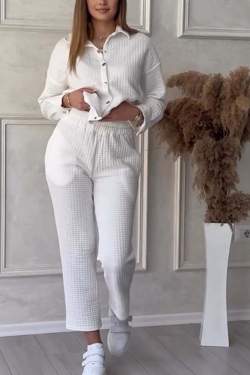 Women's Casual Solid Color Waffle Shirt Pants Suit