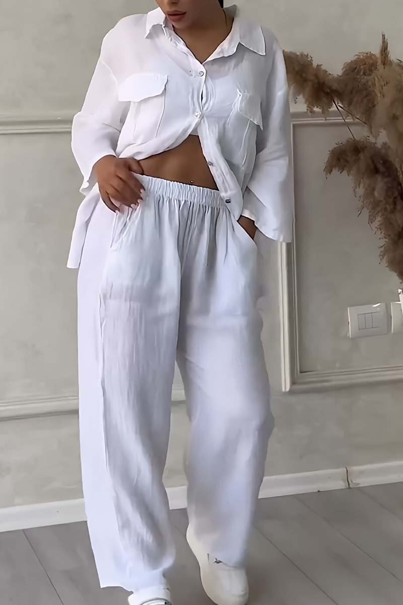 Women's casual large pocket lapel cotton and linen two-piece set