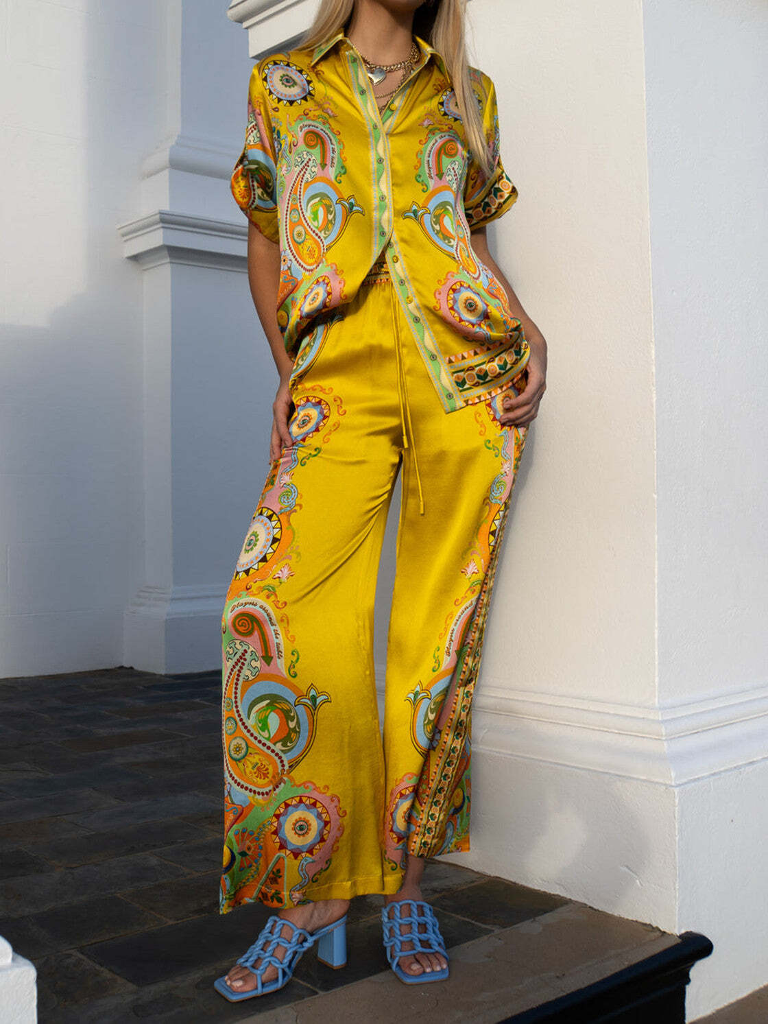 Women's Resort Printed Satin Short Sleeve Pants Set