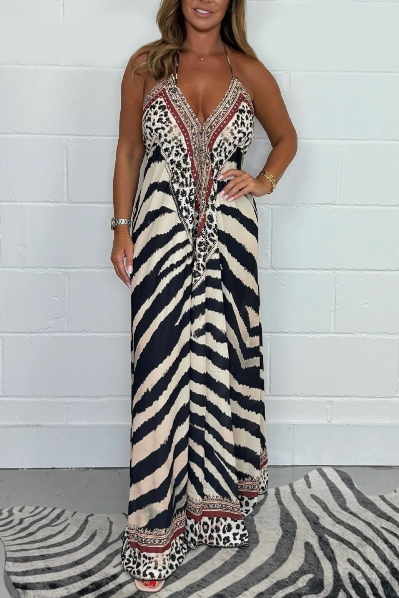 Women's Beaded Tie Neck Tunic Maxi Dress