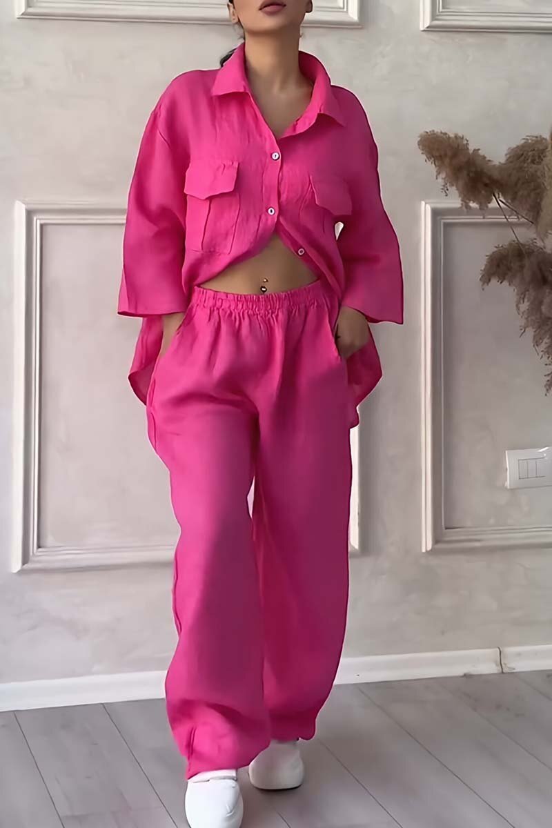 Women's casual large pocket lapel cotton and linen two-piece set