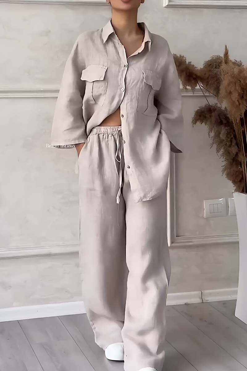 Women's casual large pocket lapel cotton and linen two-piece set