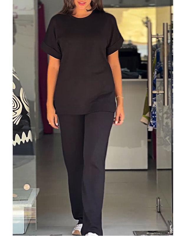 Women's Solid Color Slit Top and Pants Two-piece Set
