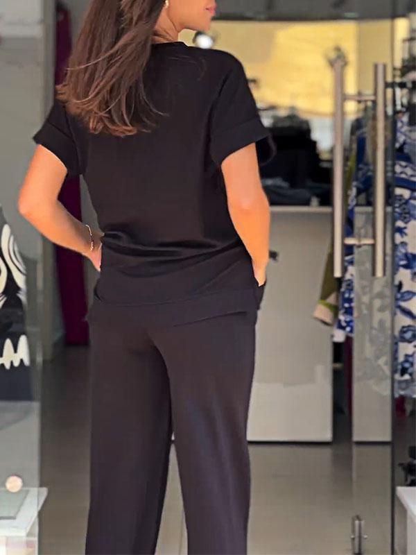Women's Solid Color Slit Top and Pants Two-piece Set