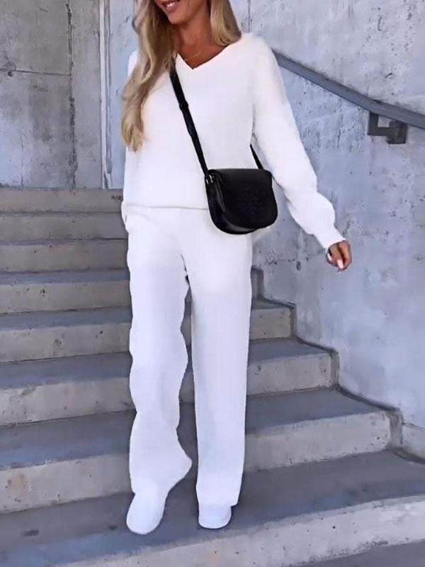 Women's Solid Color V-neck Top and Pants Two-piece Set