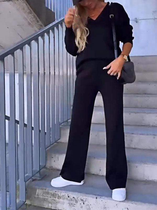 Women's Solid Color V-neck Top and Pants Two-piece Set