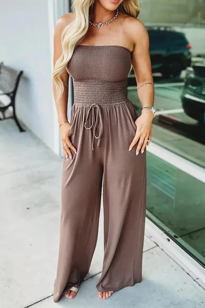Women's Off-the-shoulder Solid Color Pleated Jumpsuit