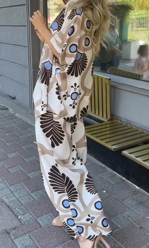 Women's Loose Comfortable Plant Print shirt And Pants Two-Piece Set