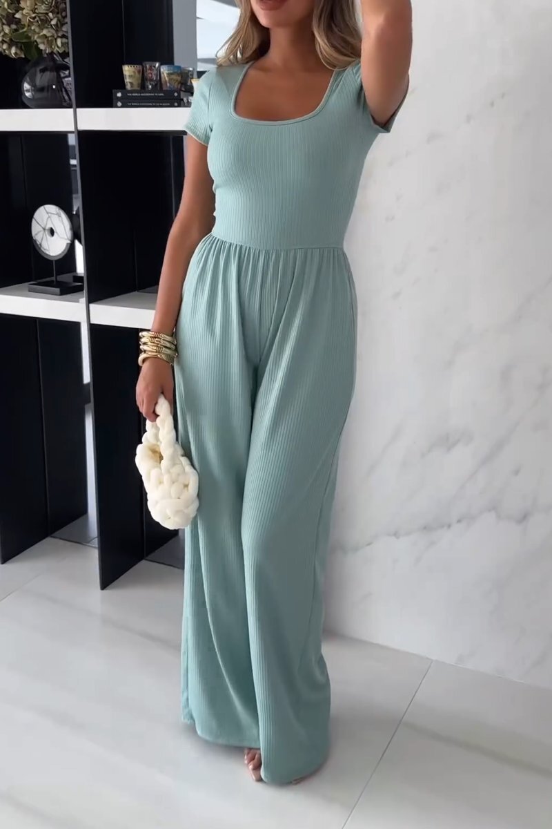 Women's Teal Ribbed Short Sleeve Wide Leg Jumpsuit