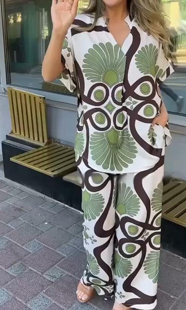 Women's Loose Comfortable Plant Print shirt And Pants Two-Piece Set