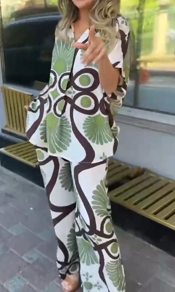 Women's Loose Comfortable Plant Print shirt And Pants Two-Piece Set