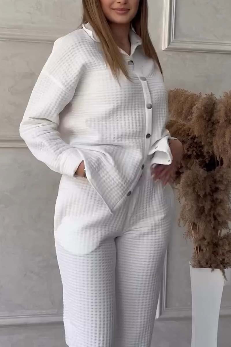 Women's Casual Solid Color Waffle Shirt Pants Suit