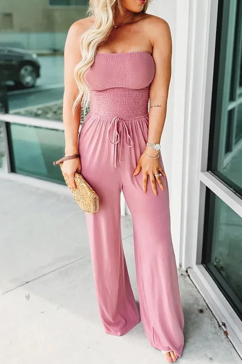 Women's Off-the-shoulder Solid Color Pleated Jumpsuit