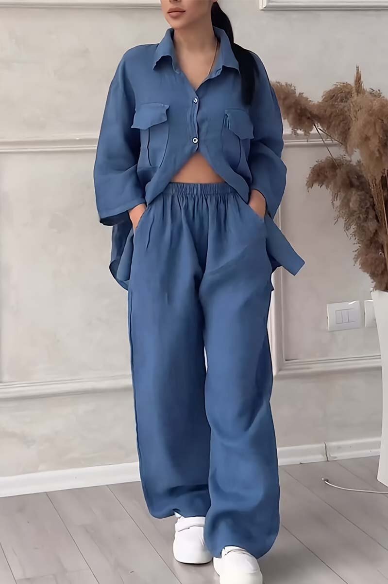 Women's casual large pocket lapel cotton and linen two-piece set