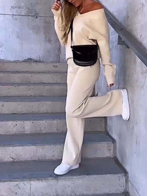 Women's Solid Color V-neck Top and Pants Two-piece Set