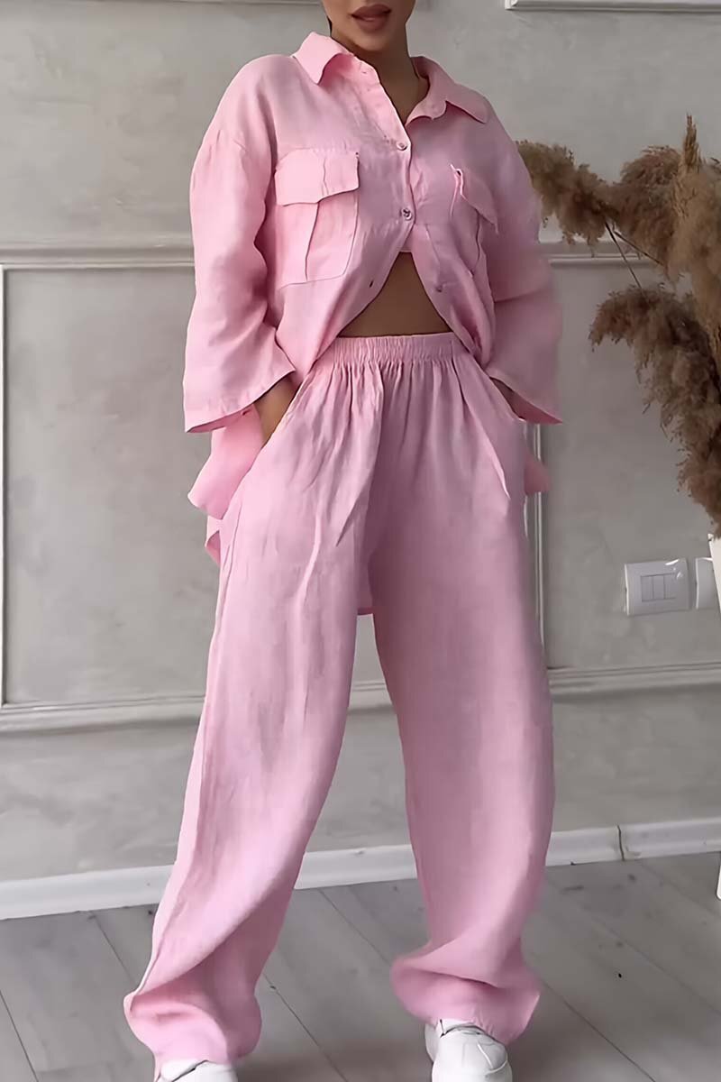 Women's casual large pocket lapel cotton and linen two-piece set