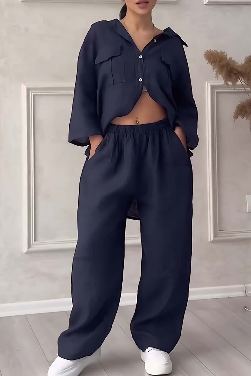 Women's casual large pocket lapel cotton and linen two-piece set