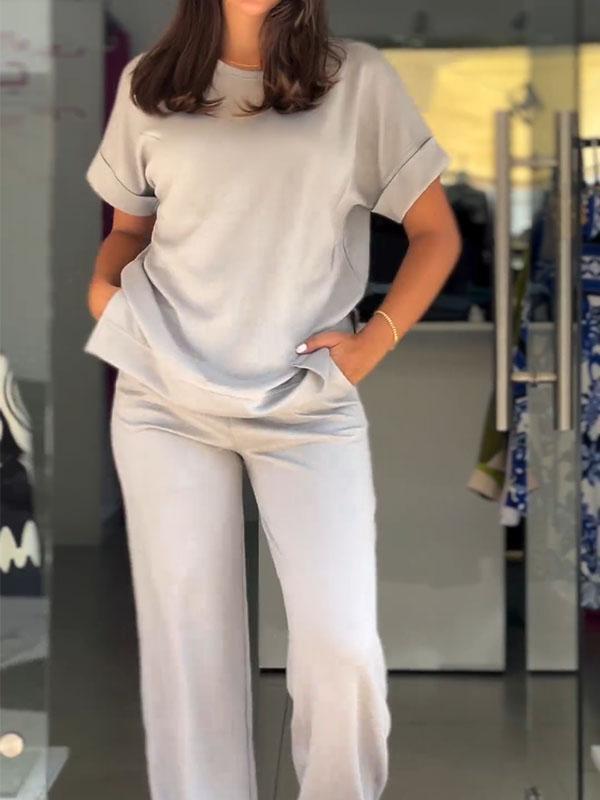 Women's Solid Color Slit Top and Pants Two-piece Set
