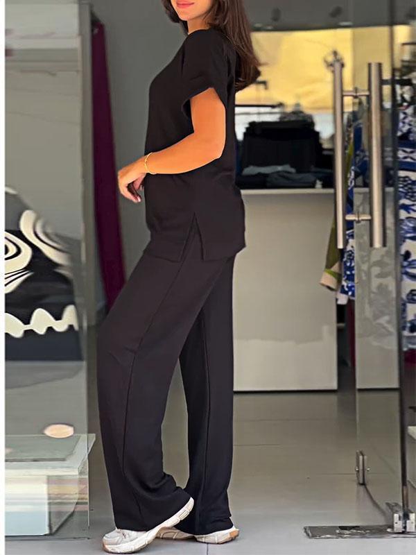 Women's Solid Color Slit Top and Pants Two-piece Set