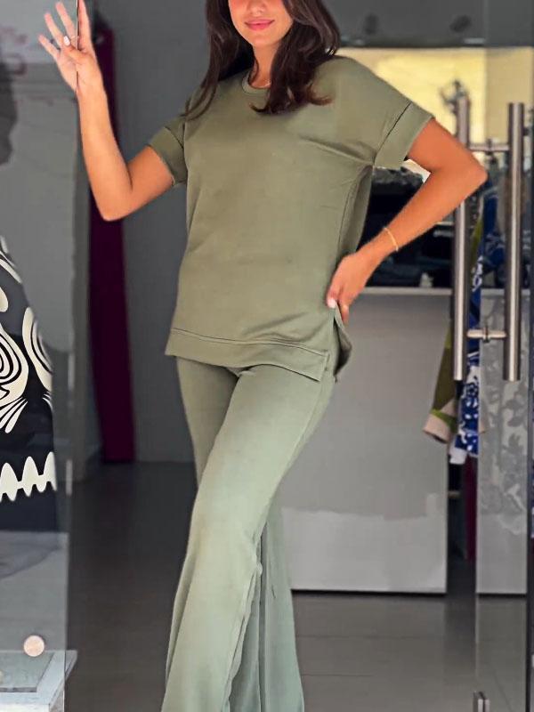 Women's Solid Color Slit Top and Pants Two-piece Set