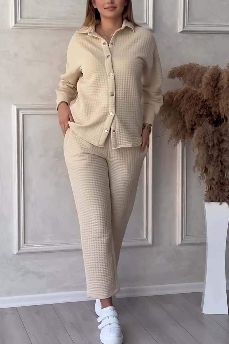 Women's Casual Solid Color Waffle Shirt Pants Suit