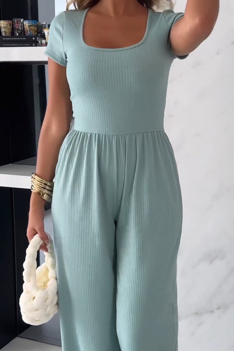 Women's Teal Ribbed Short Sleeve Wide Leg Jumpsuit