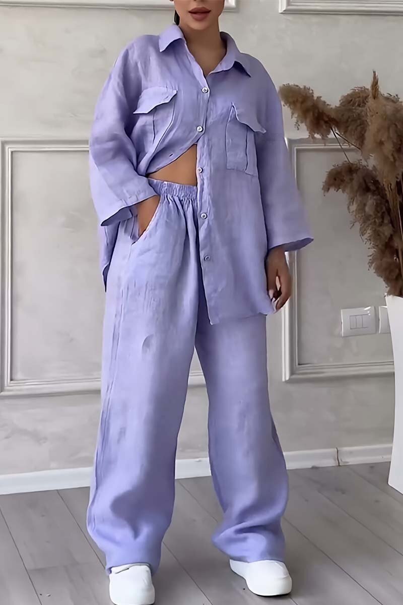 Women's casual large pocket lapel cotton and linen two-piece set