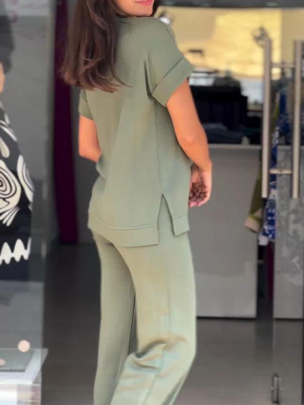Women's Solid Color Slit Top and Pants Two-piece Set