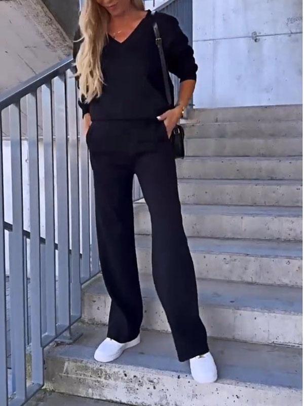 Women's Solid Color V-neck Top and Pants Two-piece Set